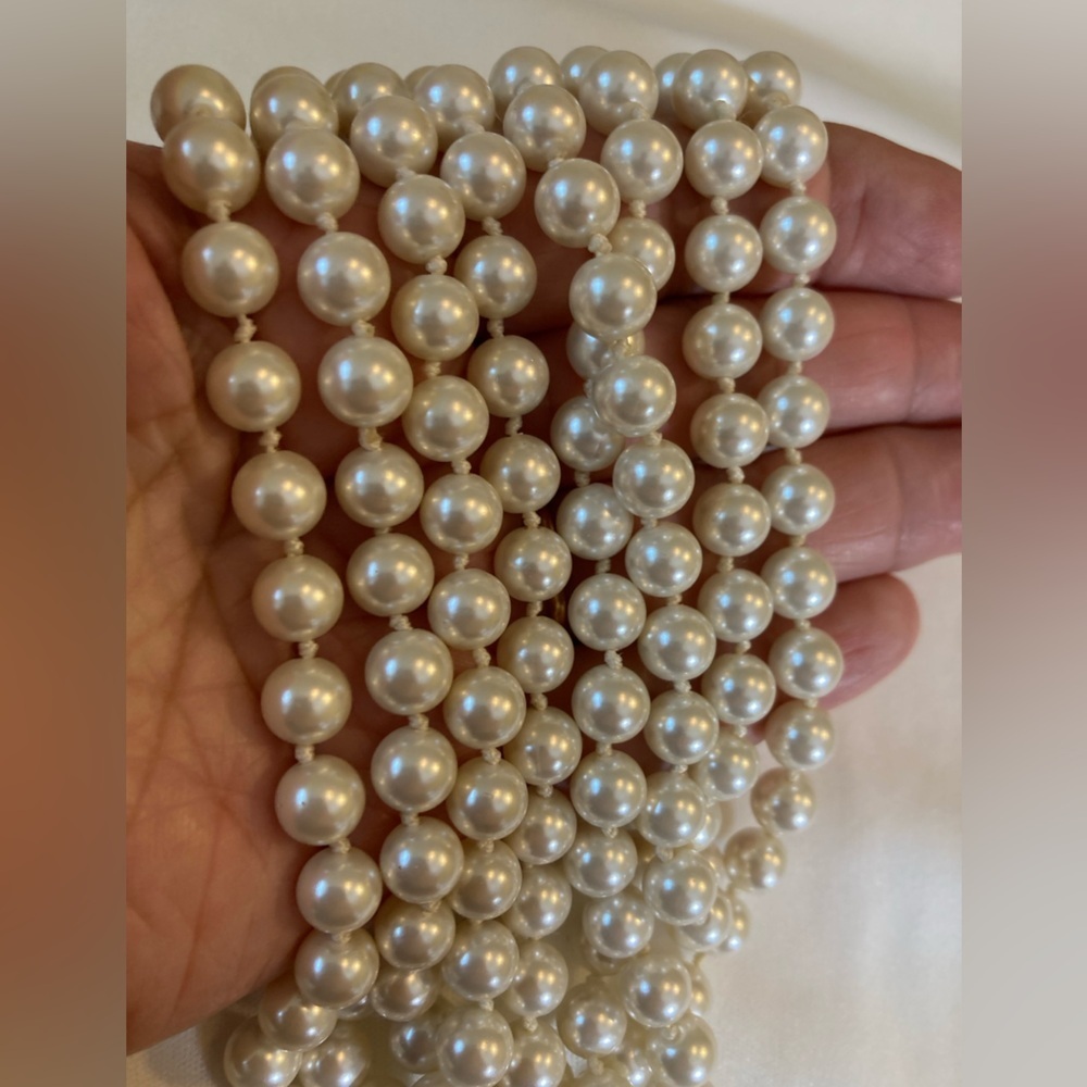 Opera Length Hand Knotted Glass Faux Pearls 60” Vintage Necklace - Picture 5 of 8